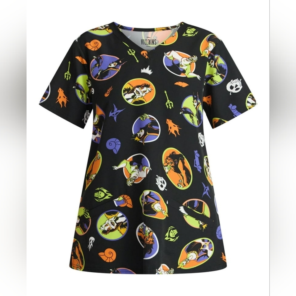 NWT Disney Villains Women's Scrub Top with Short Sleeves W Pocket Size Medium